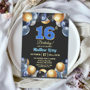Elegant Blue Silver Gold 16th Birthday Party Invitation