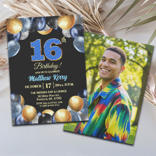 Elegant Blue Silver Gold 16th Birthday Photo Invitation