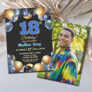Elegant Blue Silver Gold 18th Birthday Photo Invit Invitation