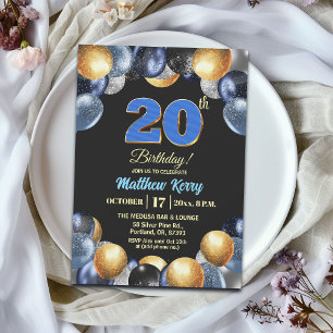 Elegant Blue Silver Gold 20th Birthday Party Invitation