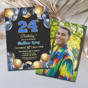 Elegant Blue Silver Gold 24th Birthday Photo Invitation