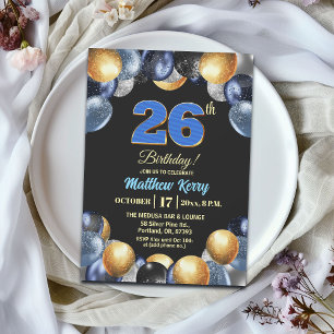 Elegant Blue Silver Gold 26th Birthday Party Invitation