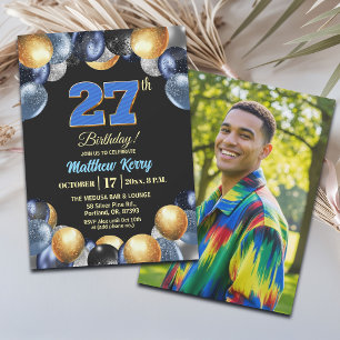 Elegant Blue Silver Gold 27th Birthday Photo Invitation