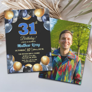 Elegant Blue Silver Gold 31st Birthday Photo Invitation