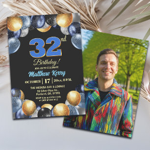 Elegant Blue Silver Gold 32nd Birthday Photo Invitation