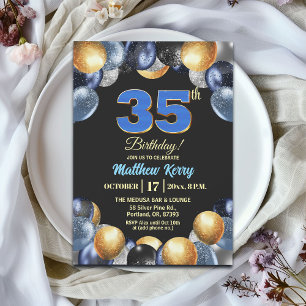 Elegant Blue Silver Gold 35th Birthday Party Invitation