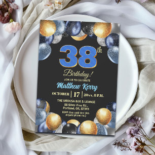 Elegant Blue Silver Gold 38th Birthday Party Invitation