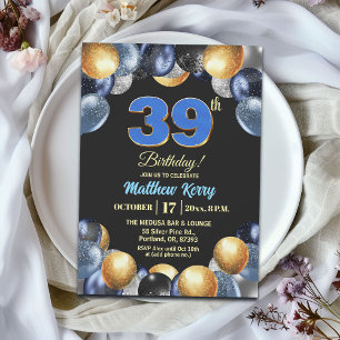 Elegant Blue Silver Gold 39th Birthday Party Invitation