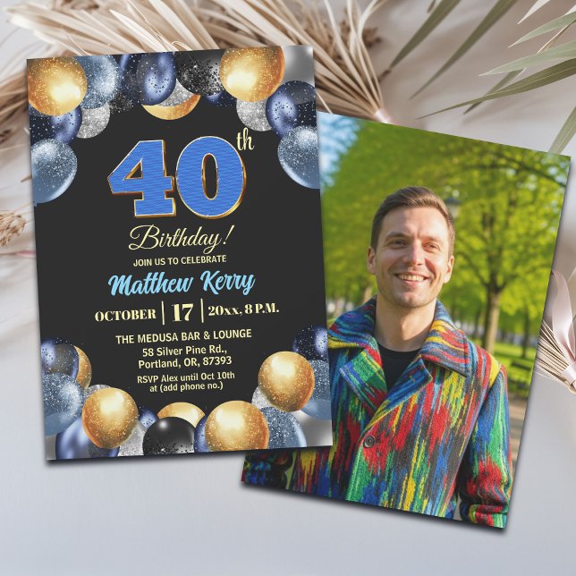 Elegant Blue Silver Gold 40th Birthday Photo Invitation (Creator Uploaded)