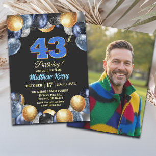 Elegant Blue Silver Gold 43rd Birthday Photo Invitation