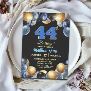 Elegant Blue Silver Gold 44th Birthday Party Invitation