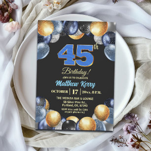 Elegant Blue Silver Gold 45th Birthday Party Invitation