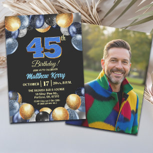 Elegant Blue Silver Gold 45th Birthday Photo Invitation