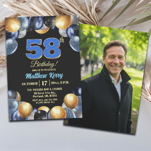 Elegant Blue Silver Gold 58th Birthday Photo Invitation