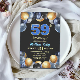 Elegant Blue Silver Gold 59th Birthday Party Invitation