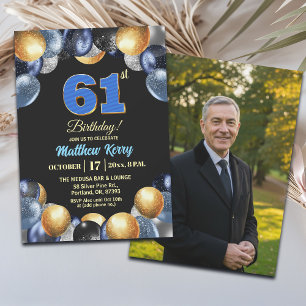 Elegant Blue Silver Gold 61st Birthday Photo Invitation