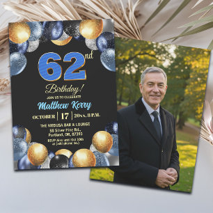 Elegant Blue Silver Gold 62nd Birthday Photo Invitation