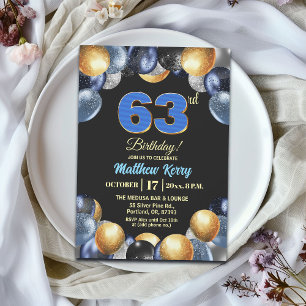Elegant Blue Silver Gold 63rd Birthday Party Invitation