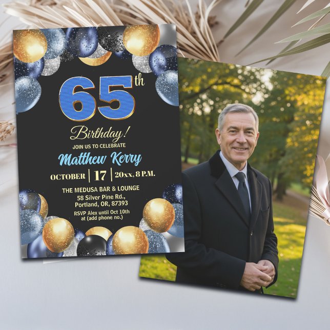 Elegant Blue Silver Gold 65th Birthday Photo Invitation (Creator Uploaded)