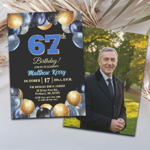 Elegant Blue Silver Gold 67th Birthday Photo Invitation