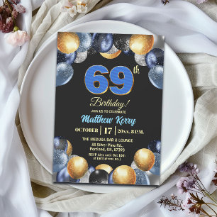 Elegant Blue Silver Gold 69th Birthday Party Invitation