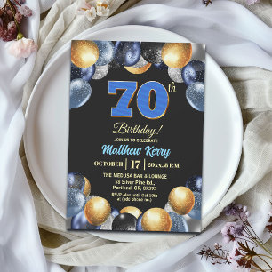 Elegant Blue Silver Gold 70th Birthday Party Invitation