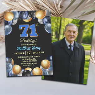 Elegant Blue Silver Gold 71st Birthday Photo Invitation