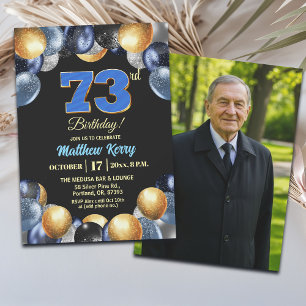 Elegant Blue Silver Gold 73rd Birthday Photo Invitation