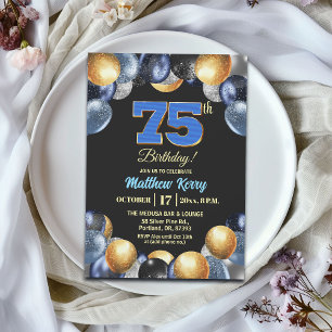 Elegant Blue Silver Gold 75th Birthday Party Invitation