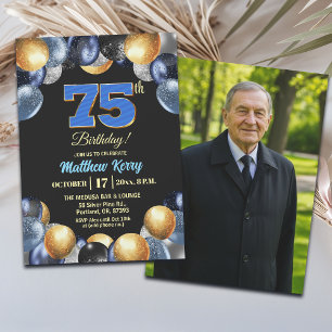 Elegant Blue Silver Gold 75th Birthday Photo Invitation