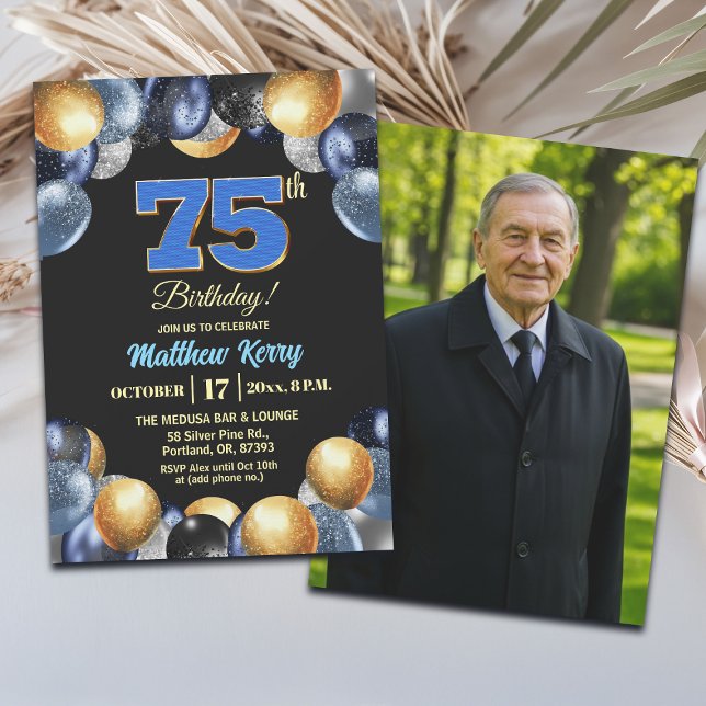 Elegant Blue Silver Gold 75th Birthday Photo Invitation (Creator Uploaded)