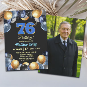 Elegant Blue Silver Gold 76th Birthday Photo Invitation