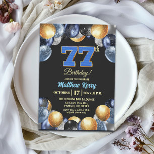 Elegant Blue Silver Gold 77th Birthday Party Invitation
