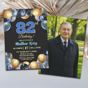 Elegant Blue Silver Gold 82nd Birthday Photo  Invitation