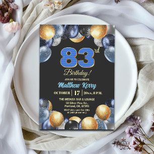 Elegant Blue Silver Gold 83rd Birthday Party Invitation