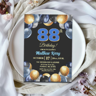 Elegant Blue Silver Gold 88th Birthday Party Invitation