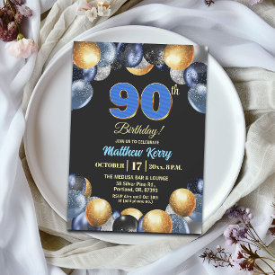 Elegant Blue Silver Gold 90th Birthday Party Invitation