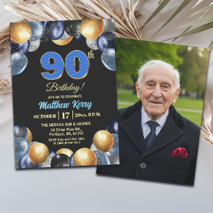 Elegant Blue Silver Gold 90th Birthday Photo  Invitation