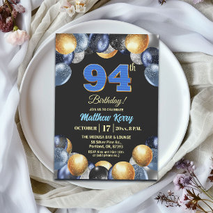 Elegant Blue Silver Gold 94th Birthday Party Invitation
