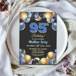 Elegant Blue Silver Gold 95th Birthday Party Invitation