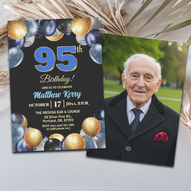 Elegant Blue Silver Gold 95th Birthday Photo  Invitation (Creator Uploaded)