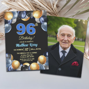 Elegant Blue Silver Gold 96th Birthday Photo  Invitation