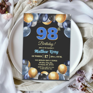 Elegant Blue Silver Gold 98th Birthday Party Invitation