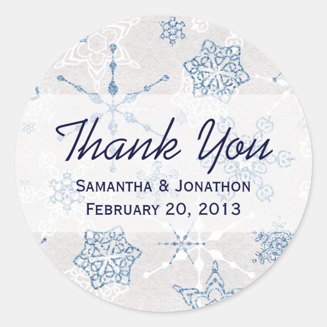 Elegant Blue & SIlver Holiday Snowflake Thank You Classic Round Sticker (Front)