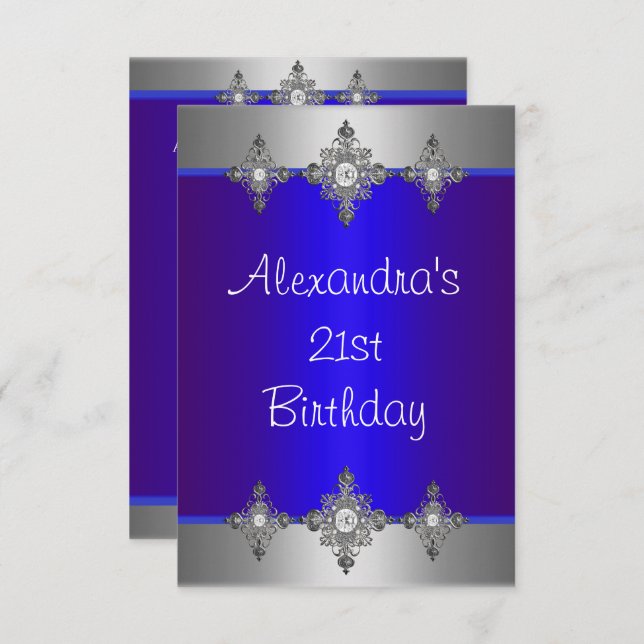 Elegant Blue Silver Jewel 21st Birthday Invitation (Front/Back)