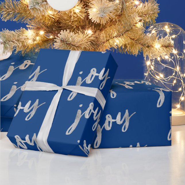Elegant Blue Silver Joy Calligraphy Christmas Wrapping Paper (Holidays)