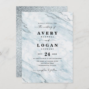 Elegant Blue & Silver Marble & Glitter Wedding Invitation