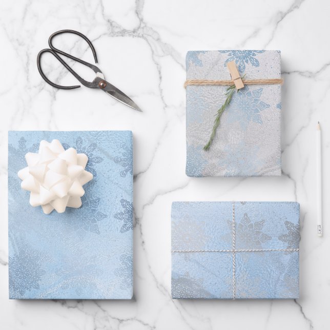 Elegant blue silver marble snowflakes Christmas Wrapping Paper Sheet (Front)