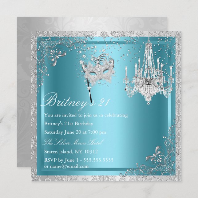 Elegant Blue & Silver Masquerade 21st Invite (Front/Back)