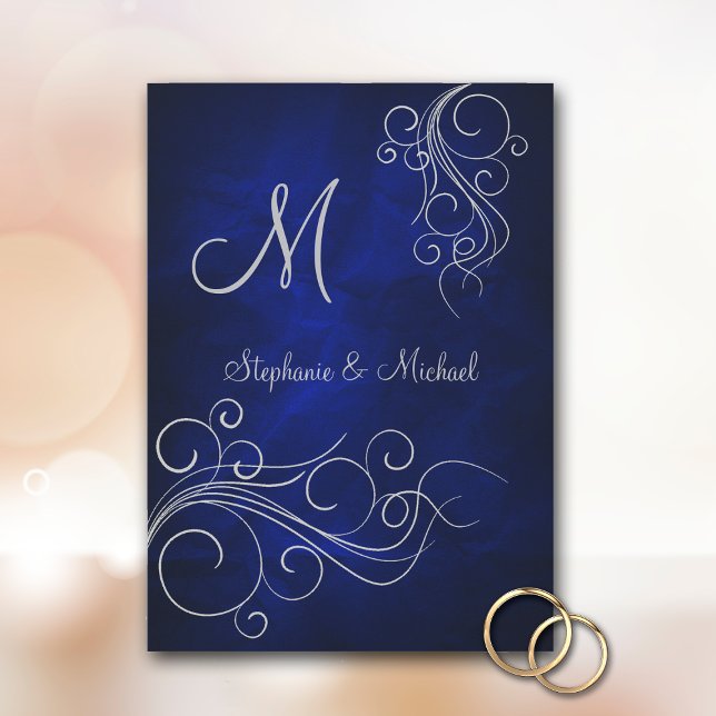 Elegant Blue Silver Monogram Wedding Invitation (Creator Uploaded)